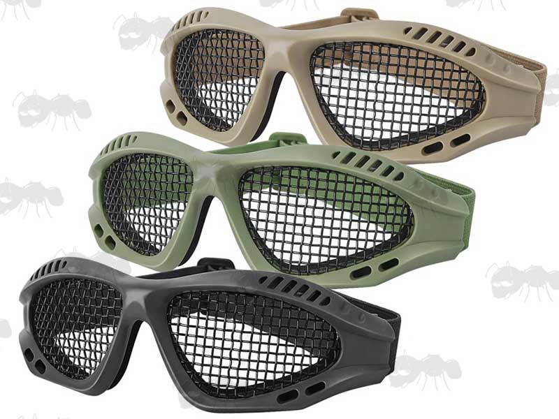 Pair of Black, Green and Tan Framed Low Profile Wire Mesh Airsoft Goggles