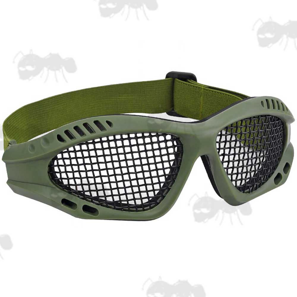 Green Framed Low Profile Wire Mesh Airsoft Goggles
