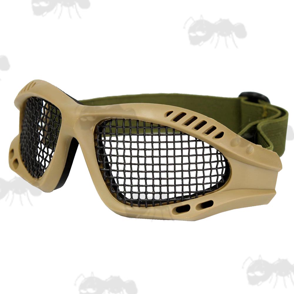 Tan Framed Low Profile Wire Mesh Airsoft Goggles