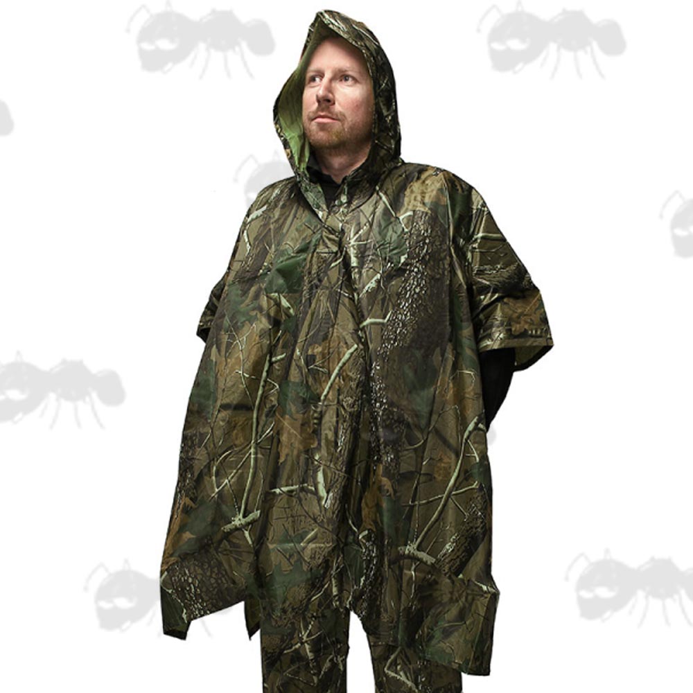 Woodland Camouflage Poncho with Large Hood