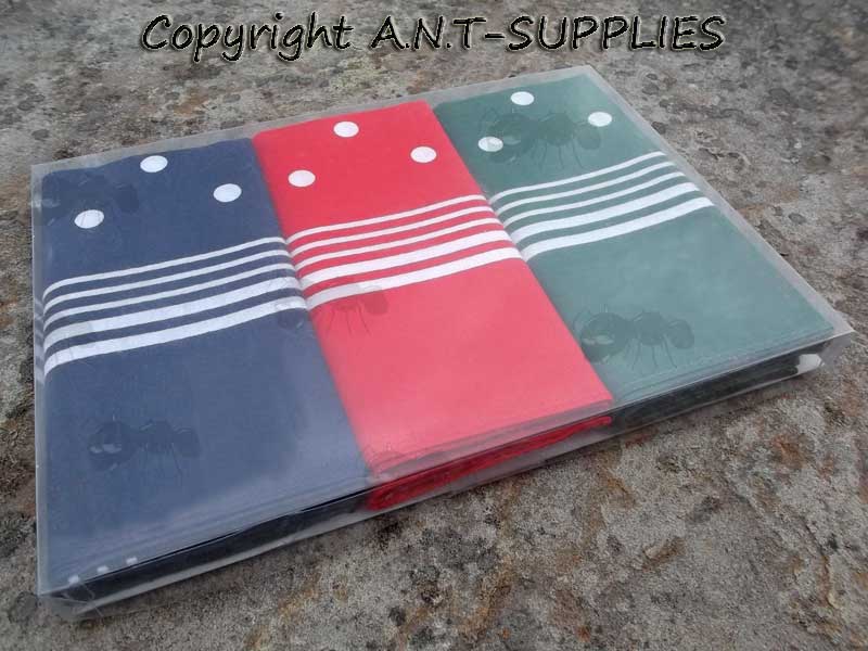 Gift Box Of Three White Spotted Enormous Handkerchiefs In Blue, Green and Red