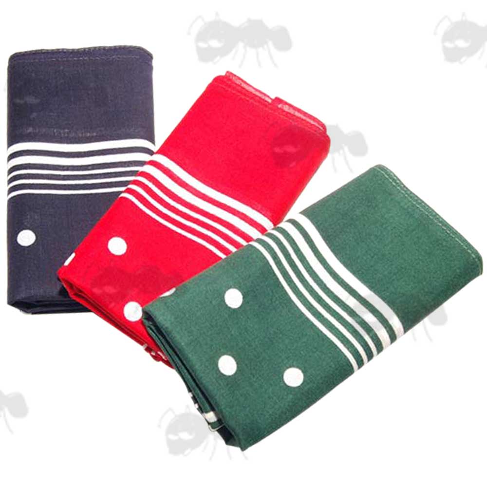 Three White Spotted Enormous Handkerchiefs In Blue, Green and Red