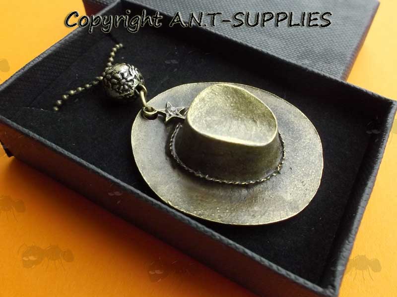 Gift Boxed Bronze Metal Cowgirl Hat With Flower Petal Ball and Star With Jewel Charm on a Ball Chain Necklace