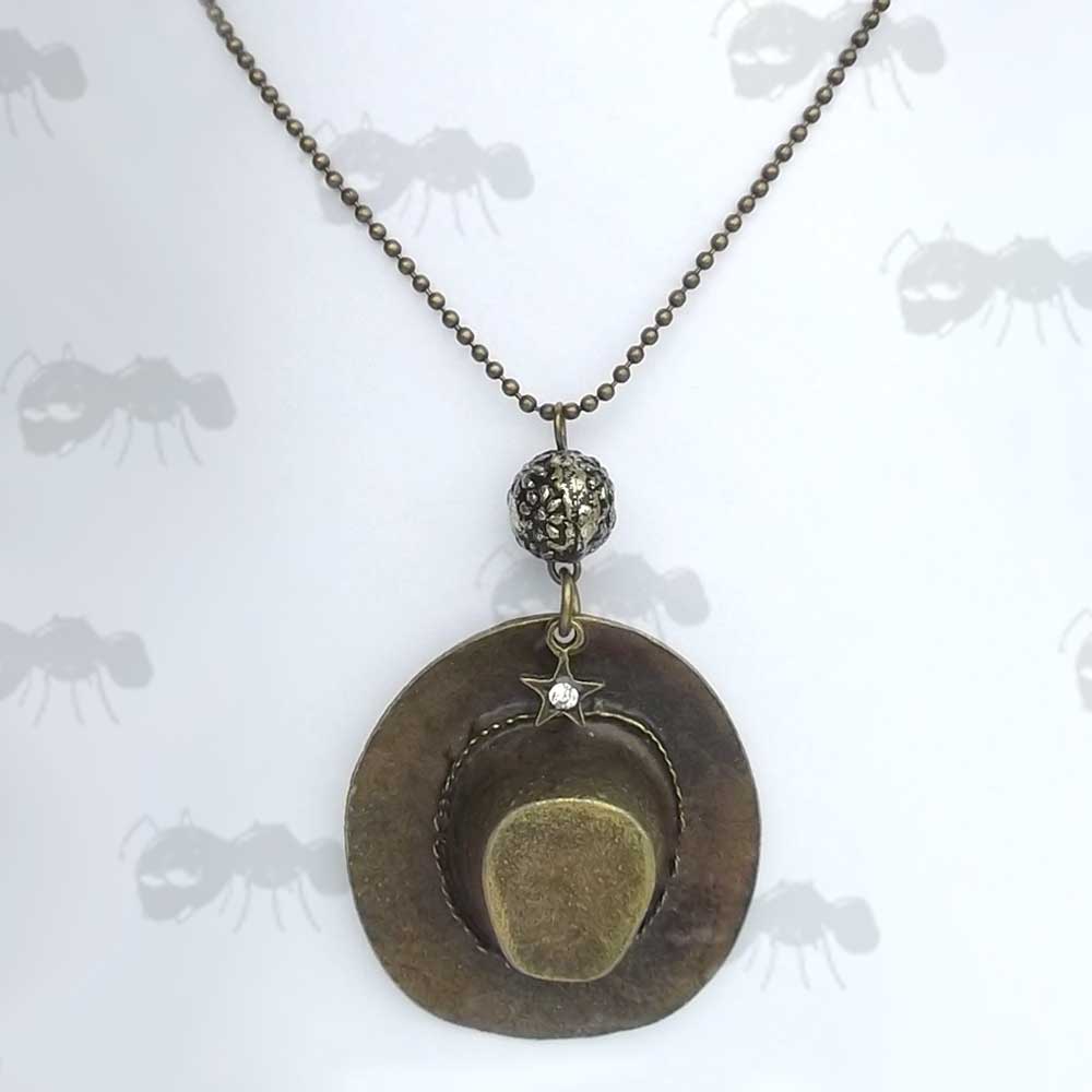 Bronze Metal Cowgirl Hat With Flower Petal Ball and Star With Jewel Charm on a Ball Chain Necklace