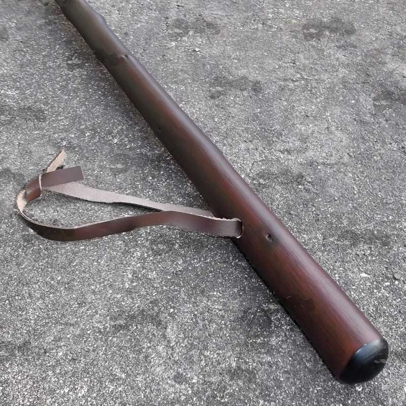 Lacquered Chestnut Hiking Staff with Plain Metal Ferrule and Brown Leather Wrist Strap