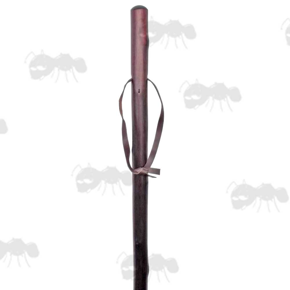 Lacquered Chestnut Hiking Staff with Plain Metal Ferrule and Brown Leather Wrist Strap