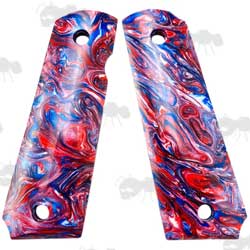 Pair of Full Size Red White and Blue Marble Effect Resin 1911 Pistol Grips with a Smooth Finish