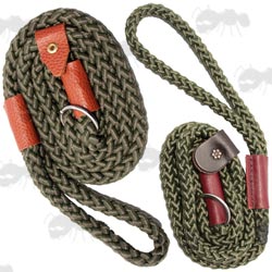 Bisley Small and Large Diameter Green Woven Rope Hunting Dog Slip Leads With Metal Rings and Brown Leather Fittings