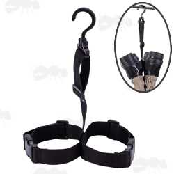 Black Nylon Webbing Straps for Boot Hanging Storage with Swivelling Hook and QD Buckles, Shown In Use