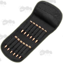 Open View of The Black Canvas Rifle Cartridge Wallet with Twelve Brass Cartridges