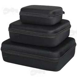 Stacked View of Three of The Sizes of The Small Black EVA Rigid Foam Storage Cases for Protecting Small Items, Size A, D and F