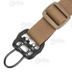Aluminium Fitting Sling Block with a Steel Cable with Black Plastic Coating, Shown in Use on a Dark Earth Coloured Sling
