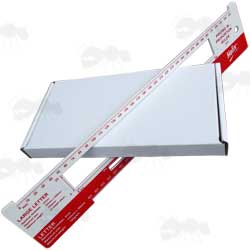 Die-Cut White Cardboard Royal Mail Large Letter DL Sized Postage Box SHown Fitting Through Large Letter Guide Slot
