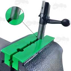 Pair of Green Soft Jaw Plates with Magnets for Gunsmiths Workbench Vice, Shown with Rifle Bolt