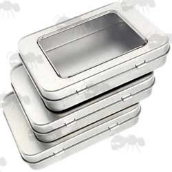 Three Small Silver Coloured Survival Tins with Hinged Lids with See-Through Windows