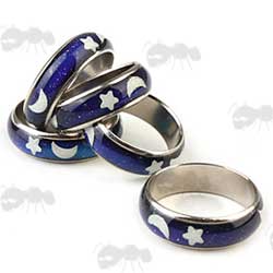 Five Mood Rings with Glitter Moon and Stars Theme