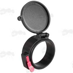Flipped Open View of AnTac Black Flip-Up Rifle Scope Lens Cover with Red Push Button Lever Release