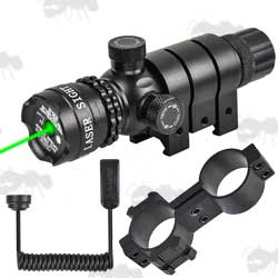 Adjustable Green Laser Sight Fitted with Weaver / Picatinny Rail Mount and with Remote Tailcap and Figure of Eight Scope Tube Mount