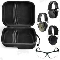 Open View of The Black Soft Canvas Combination Storage Case, Shown with Ear Defenders and Shooting Glasses
