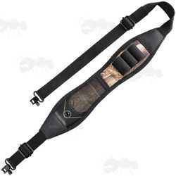 Black and Camouflage Pattern Co2 Air Rifle Sling with Mesh Pocket and Three 12g Co2 Capsule Holder Loops, Fitted with QD Stud Fitting Swivels