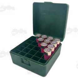 Green Plastic Shotgun Cartridge Box for 25 x 12g Shells, Shown with 10 Cartridges Inside