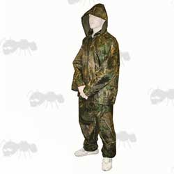Two Piece Waterproof Camo Suit on Mannequin ~ Jacket and Trousers