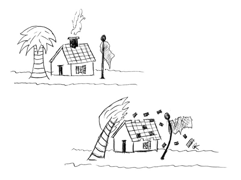 Drawing of a Beach House with Calm Winds and another with Gale Force Winds
