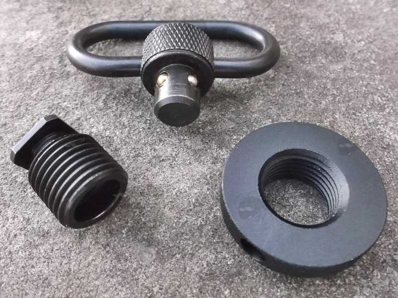 Dismantled View of The Handstop for Anschutz T-Slot Forend Accessory Rail with 10mm Port Push Button Sling Swivel Loop, Shown in It's Three Parts