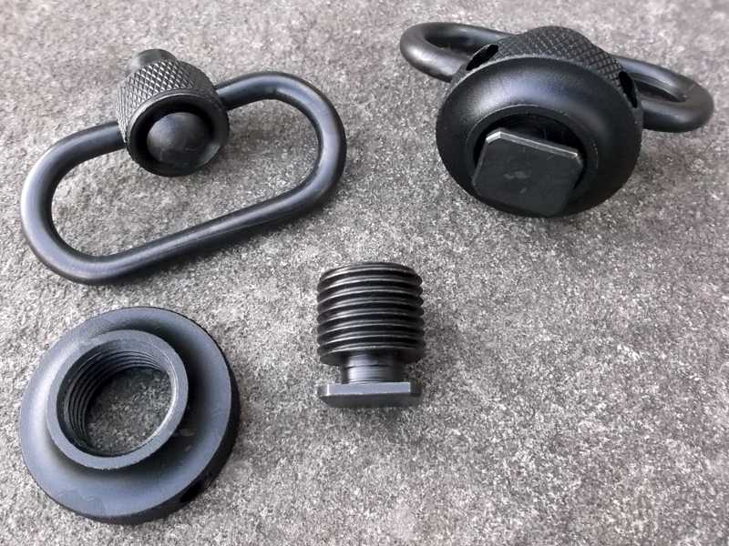 Dismantled and Assembled View of The Handstop for Anschutz T-Slot Forend Accessory Rail with 10mm Port Push Button Sling Swivel Loop