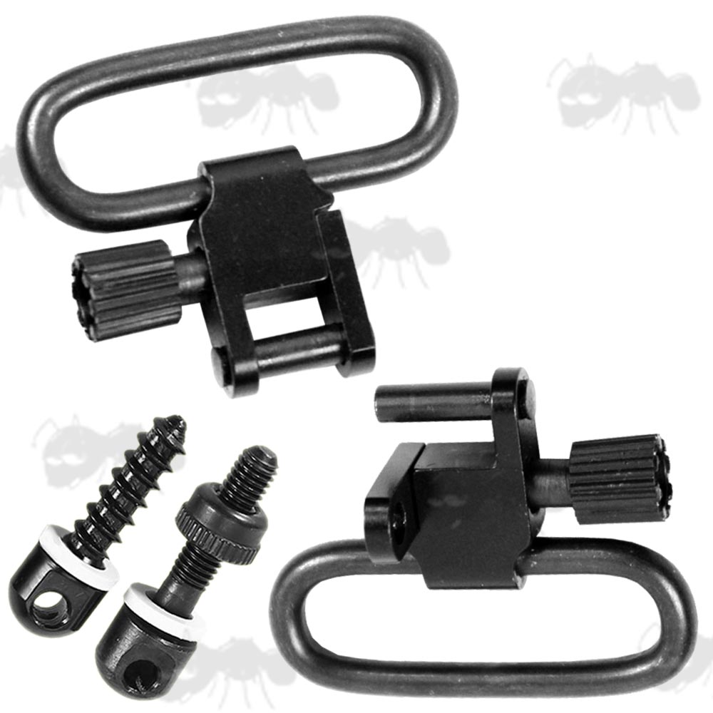 Pair of 30mm Black QD Sling Swivels with Base Studs with Long Wood and Machine Threads