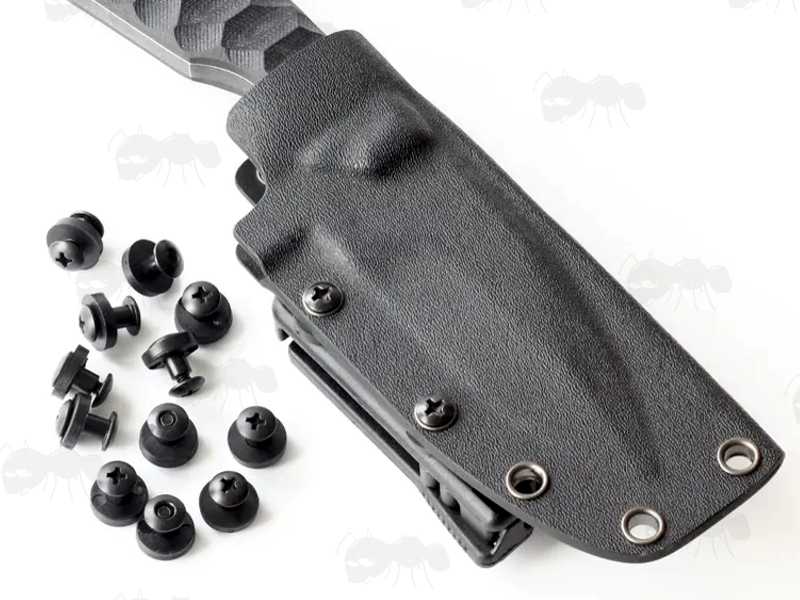 Pair of Black 7.5mm Long Chicago Screw Sling / Knife Sheath Studs, Shown with Kydex Axe Sheath and Belt Fitting