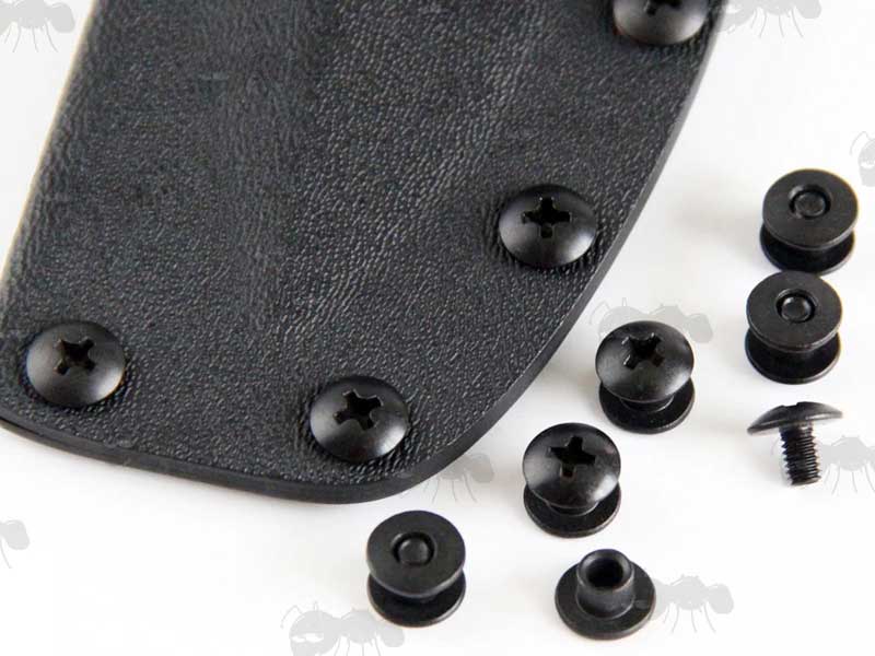 Black 4mm Long Chicago Screw Studs, Shown with Kydex Knife Sheath