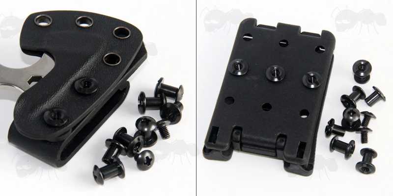 Black 7mm Long Chicago Screw Sling / Knife Sheath Studs, Shown with Kydex Axe Sheath and Belt Fitting