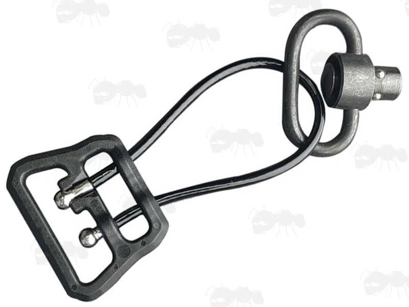 Black Coloured Aluminium Fitting 32mm Sling Block with a Long Steel Cable with Long Black Plastic Coating, Shown Fitted to a 10mm Socket Push Button Swivel