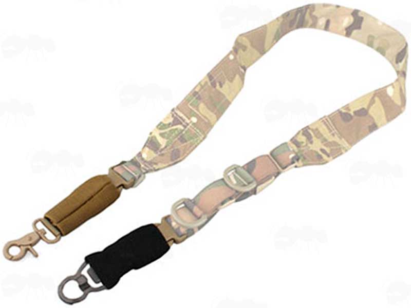 Two Point Sling Shown with Both a Tan and Black Coloured End Exchange Tab Adapter with Side Release Buckle Clips, and Lobster Claw Swivel and MASH Clip Sling Fitting