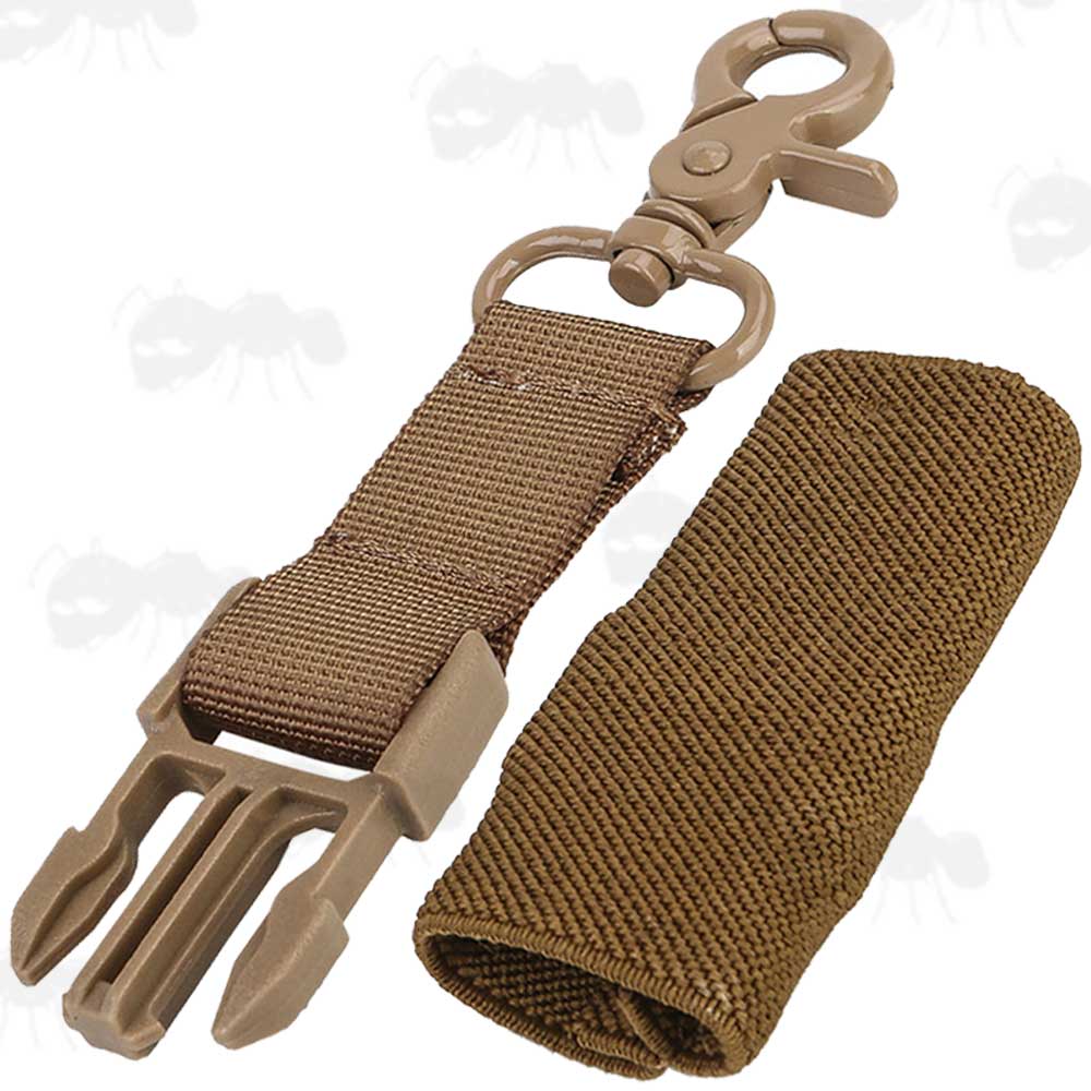 Khaki Coloured End Exchange Tab Adapter with Side Release Buckle Clip and Lobster Claw Swivel Clip Sling Fitting