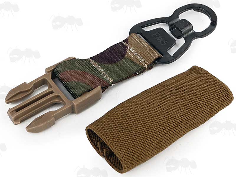 Woodland Camouflage Coloured End Exchange Tab Adapter with Side Release Buckle Clip and MASH Clip Sling Fitting