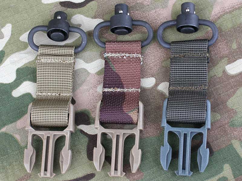 Tan, Woodland Camo and Green Coloured End Exchange Tab Adapters with Side Release Buckle Clips and Push Button QD Socket Sling Fittings