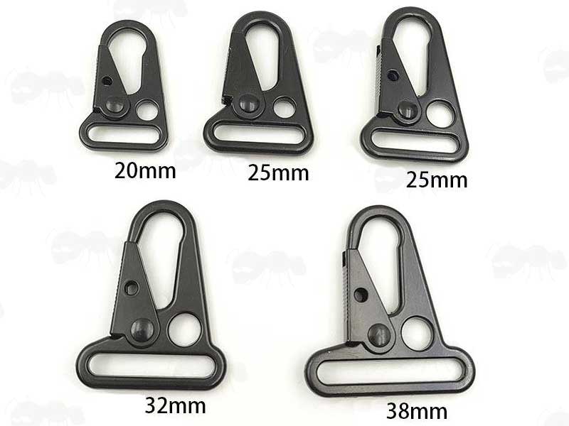 Range of Sizes, 20mm, 25mm, 32mm and 38mm Loop Black Wide Mouth H&K Type Gun Sling Hook Snap Clips