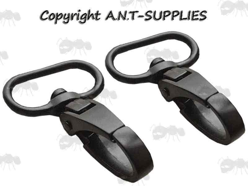 Pair of Black Metal Lobster Claw Style Swivelling Gun Sling Clips with 25mm Loops