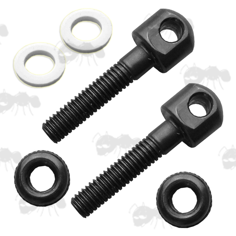 Pair of Black QD Sling Swivel Bases with Long Machine Threads, Two Nuts and Two White Spacer Washers