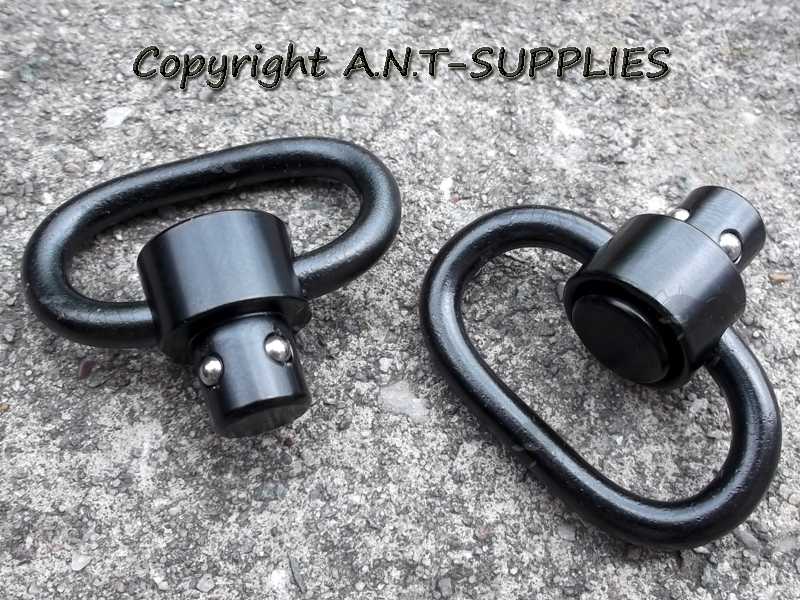 Pair of Black Push Button 10mm Socket Quick Release 30mm Sling Swivels with Rounded Corners and Flat Top Buttons