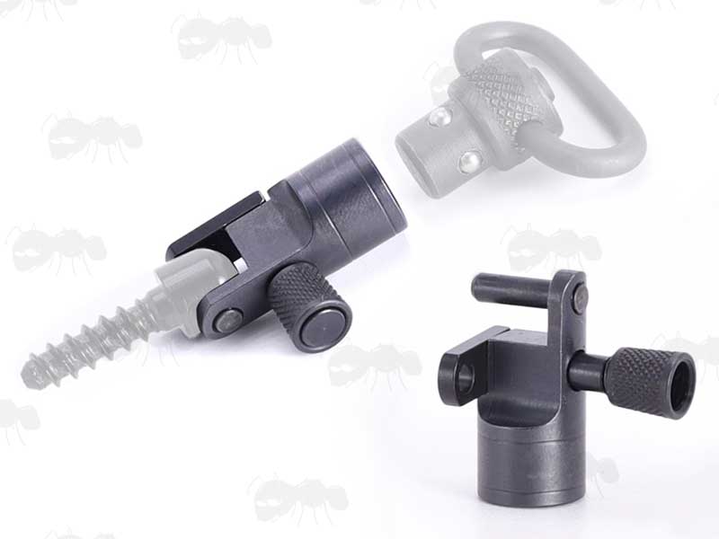 QD Stud to Flush Fit 10mm Socket Swivel Base Adapter Shown with QD Wood Thread Screw and Push Button Swivel