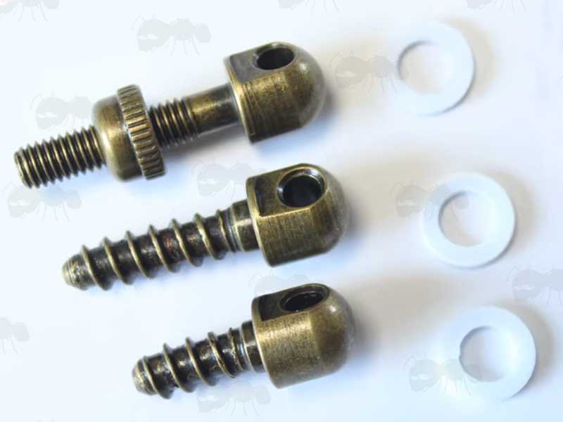 Set of Three Antique Brass Metal QD Gun Sling Swivel Bases with Wood and Machine Threads