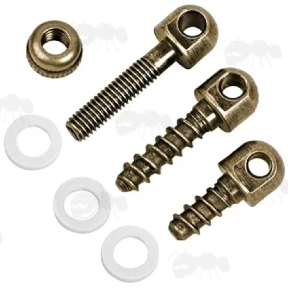 Set of Three Antique Brass Metal QD Gun Sling Swivel Bases with Wood and Machine Threads