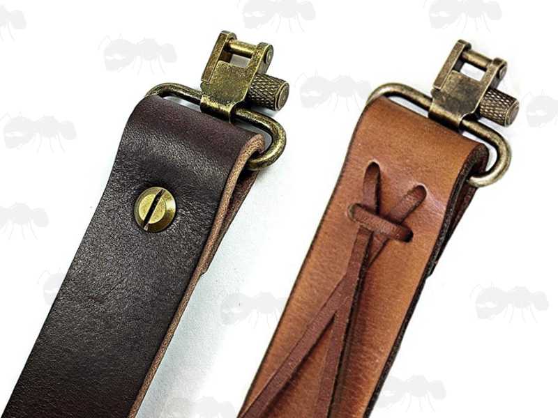 Pair of 30mm Antique Brass Quick-Release Swivels for Slings, Shown Fitted to Leather Strap Slings