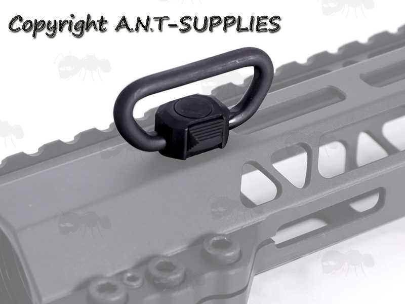 Black Push Fit 10mm Flush Fitting Socket Quick-Release Gun Sling Swivel with Side-Release Toggle, Shown Fitted to Handguard Port