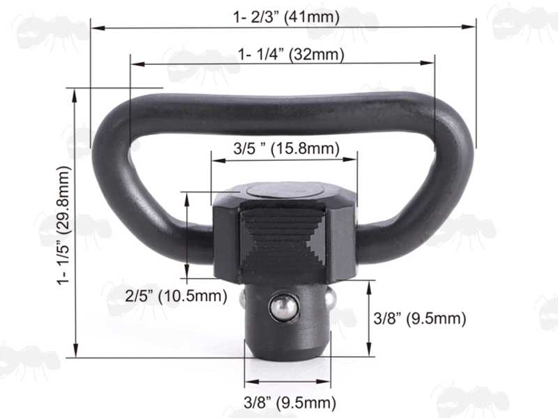 Dimensions of The Black Push Fit 10mm Flush Fitting Socket Quick-Release Gun Sling Swivel with Side-Release Toggle