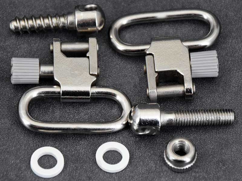 Set of 25mm Silver Quick-Release Sling Swivels with Wood and Machine Thread QD Studs and White Washer Spacers