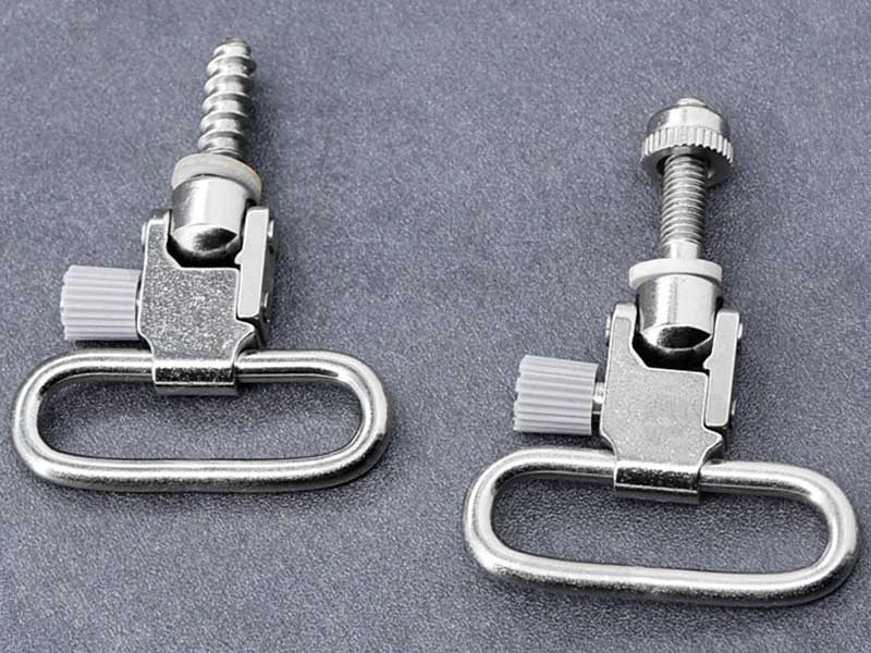 Set of 30mm Silver Quick-Release Sling Swivels with Wood and Machine Thread QD Studs and White Washer Spacers